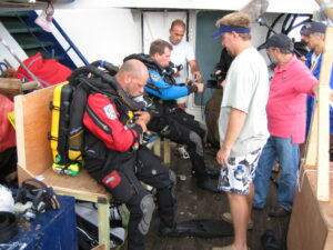  John Chatterton and I prebreathing our rebreathers in prepartion for my first dive.