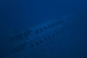 004 Britannic view from about 200 ft from surface, the top side of the wreck is 100 ft below the camera .