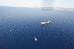 2009 001 view dive operations on Britannic, the Island of Kea is 3 miles in the background.
