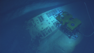 U-166 bow section being filmed by Hercules, view from Argus.